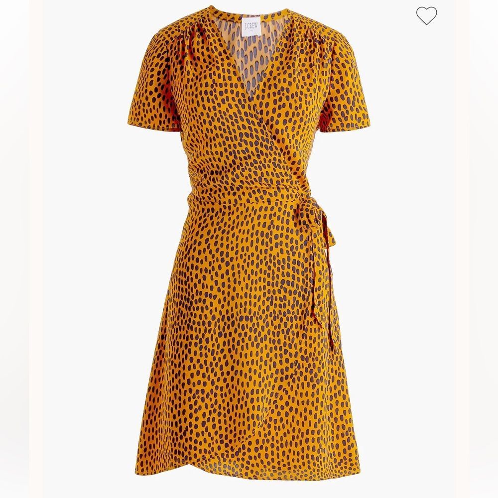J.Crew Drapey Cheetah Print Twill Wrap Dress with Black Dot Print Mustard - Picture 3 of 9